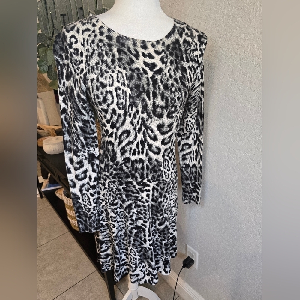 Michael Kors Women's Fremont Leopard Print Knit Dress Long Sleeve Fit Flare Xs